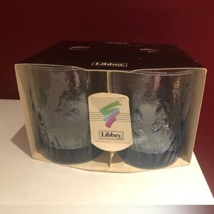 Libbey Blue Glass Floral Set of 4